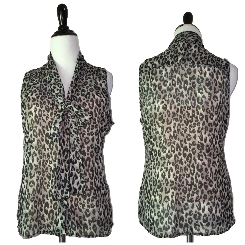 Animal Leopard Print Tie Neck Top Women L M Button Up Sleeveless Sheer Retro